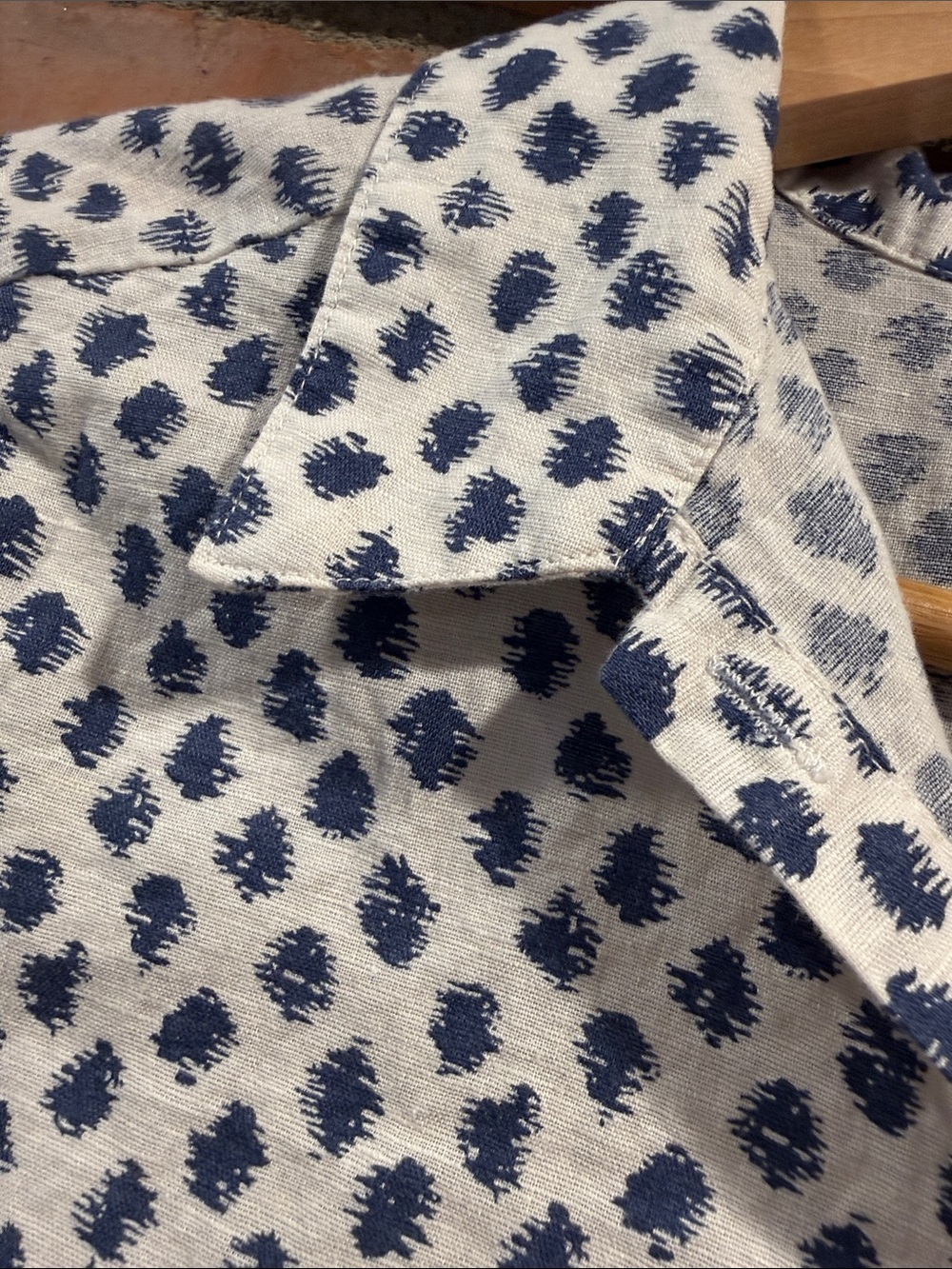 Linen Blend White Button-Down Shirt with Navy Pattern - Picture 7 of 8